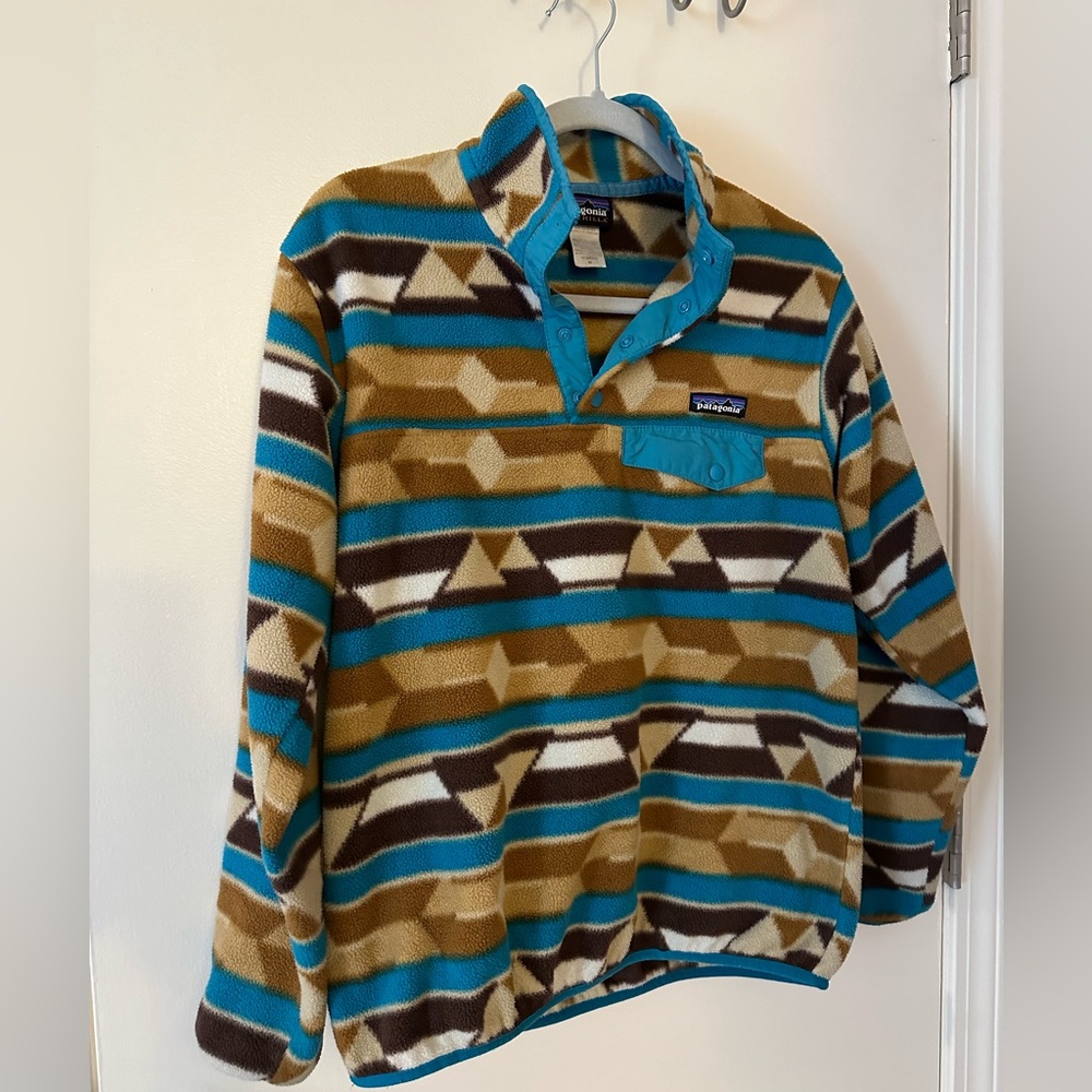 Womens medium patagonia synchilla size medium brown white teal and tan good cond